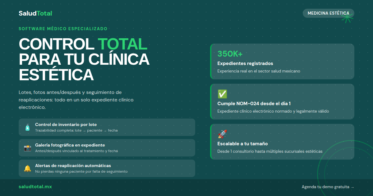 SaludTotal para Medicina Estética: Control de Lotes, Fotos y Reaplicaciones en un Solo Sistema